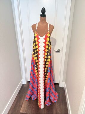 Sleeveless V-Neck Multi‑Color Printed Maxi Dress with White Lace Trim